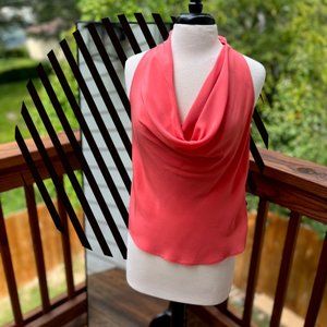 Draped Collar 100% Silk Blouse Color Coral Sleeveless.